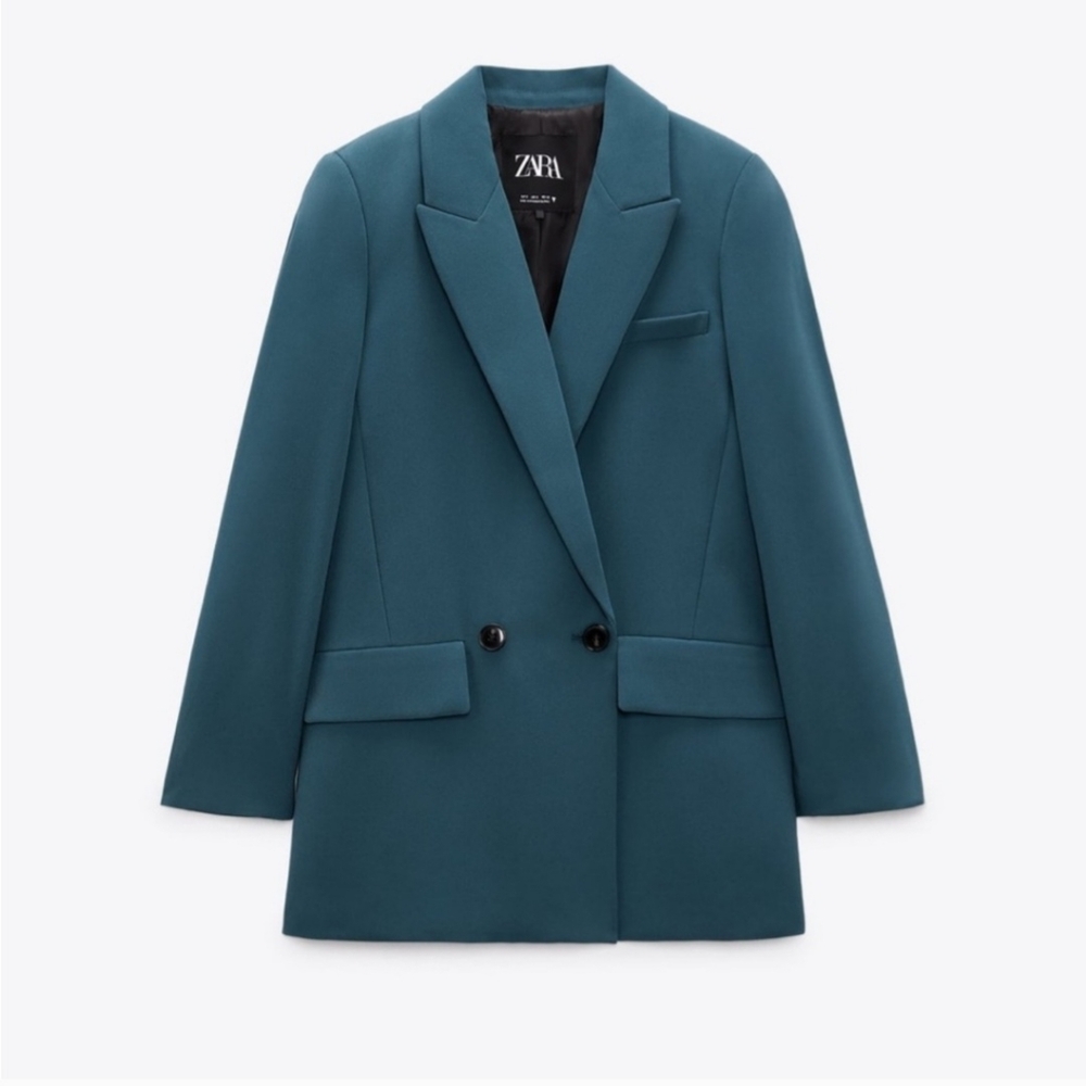 ZARA Women's Flowy Long Oversized Double Breasted Blazer in Indigo Size S